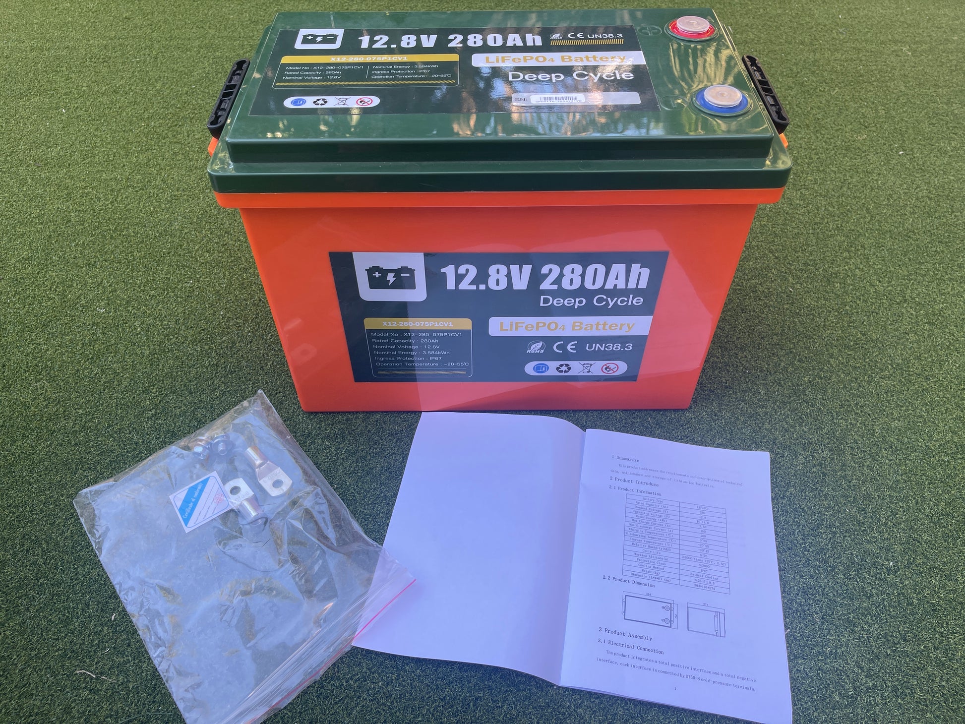 12.8V 280Ah LiFePO4 battery with terminals and user manual included