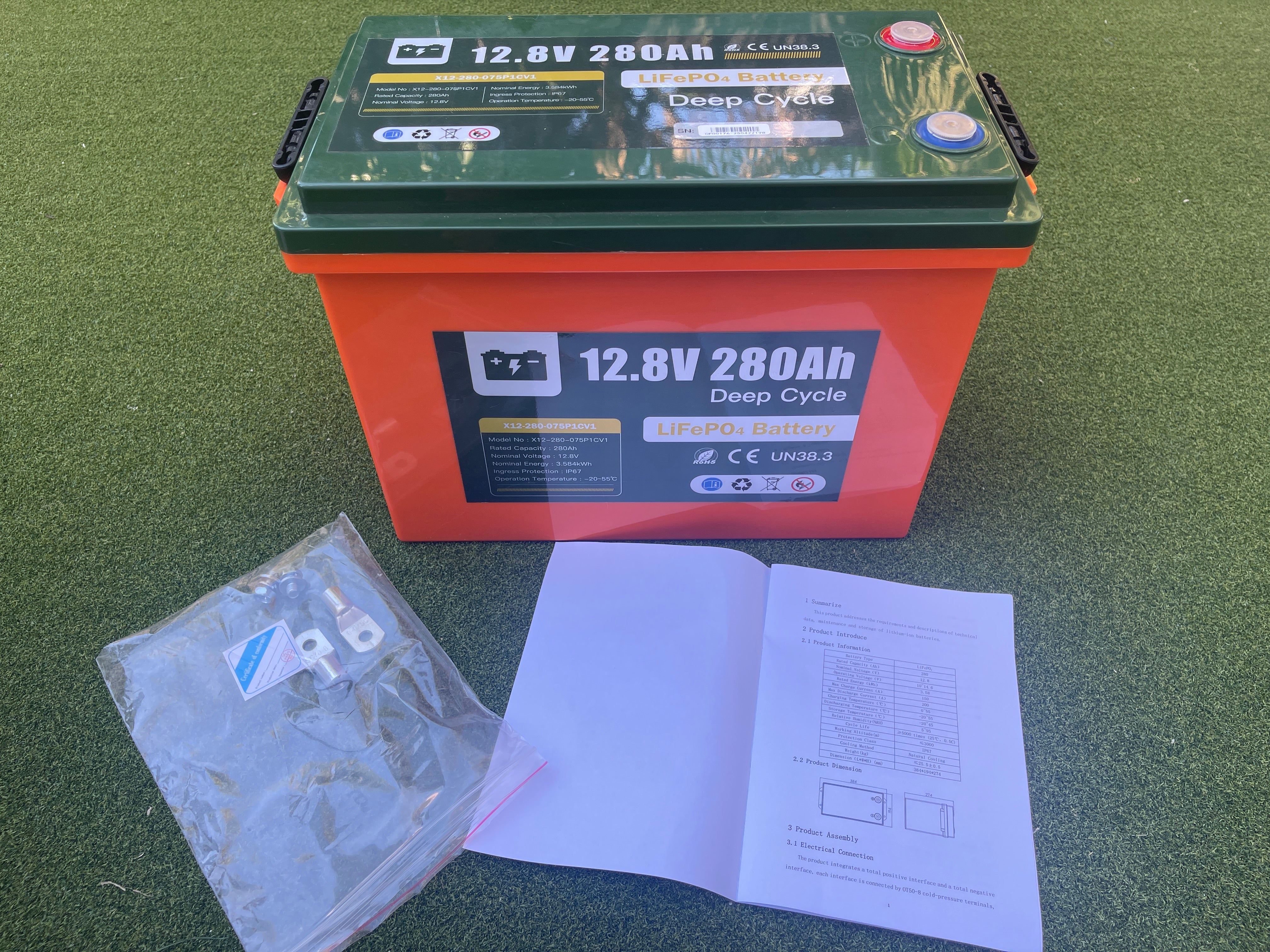 12.8V 280Ah LiFePO4 battery with terminals and user manual included