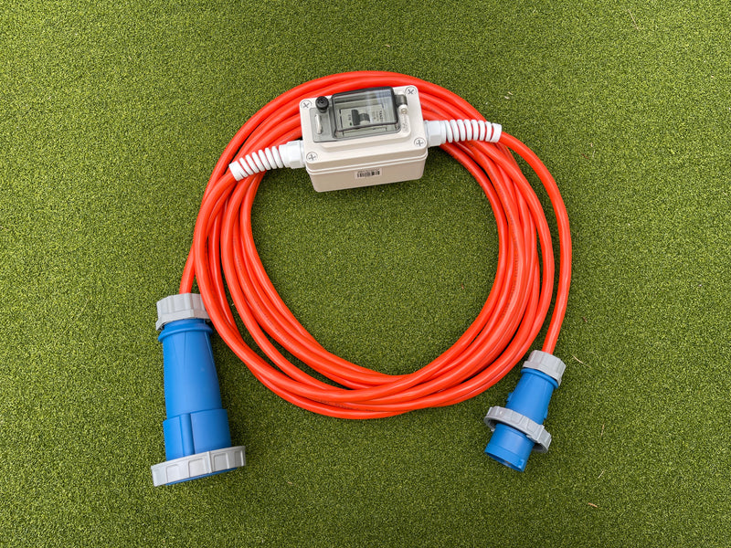 Kiwivolt 16A to 32A CEE IP67 industrial extension lead with inline C16 MCB