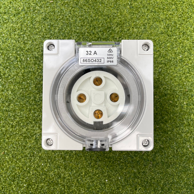 Kiwivolt 56SO432 32A 500V 4 Pin 3 Phase IP66 Industrial Socket Outlet main product image for New Zealand worksites, generators, food trailers and industrial power systems