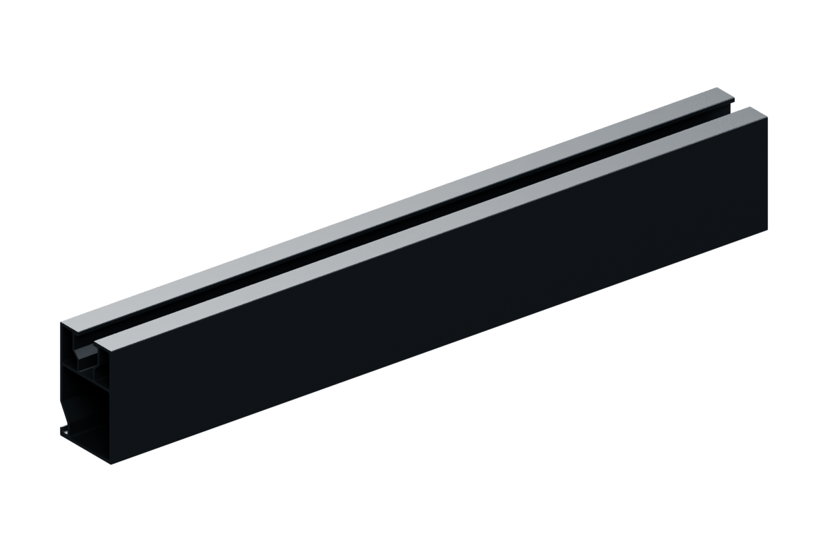 CAD illustration of a short section of KSENG R121 black rail showing the profile; full supplied length selected separately